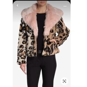 Cliche' Nordstrom Faux Fur Leopard Pink Fur Collar Short Jacket Wool/acrylic XS